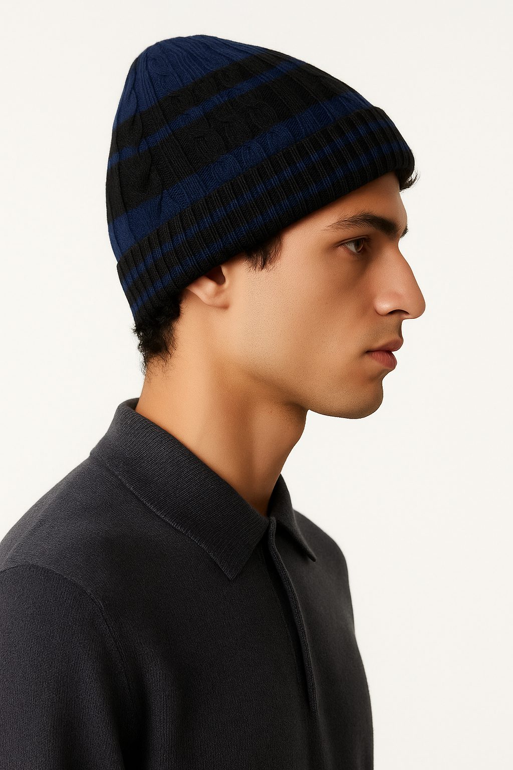 Midnight Stripe Cable-Knit Beanie