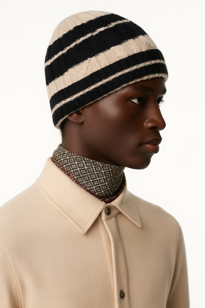 Mariner Stripe Cable-Knit Beanie – Black & Sand