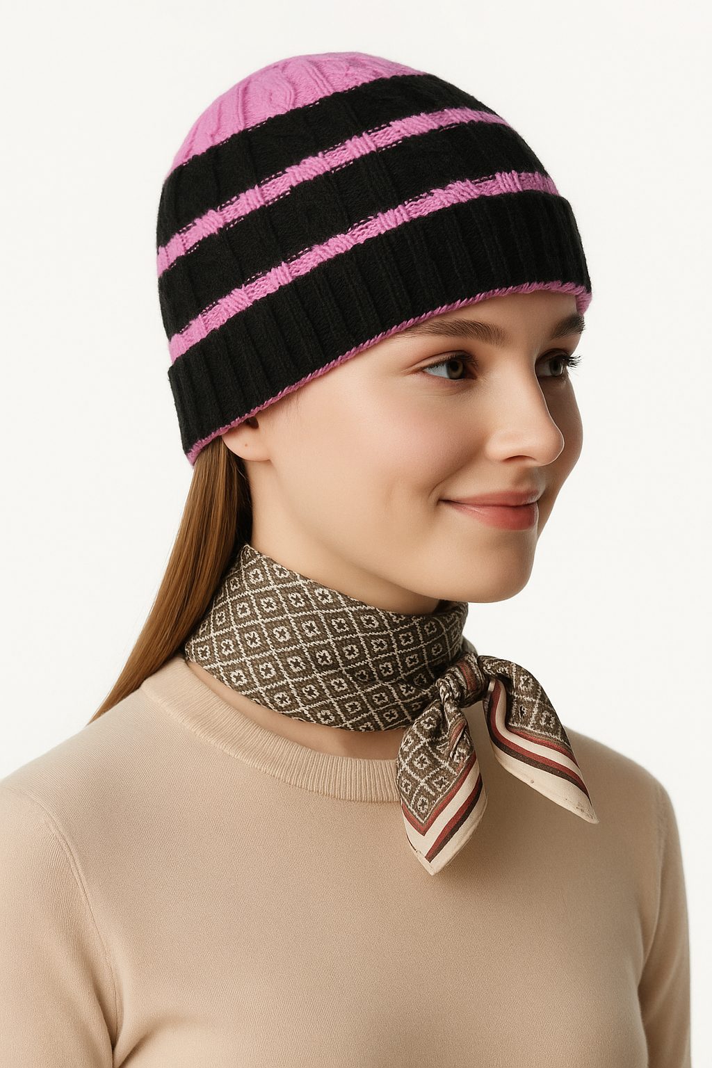 Midnight Berry Stripe Cable-Knit Beanie