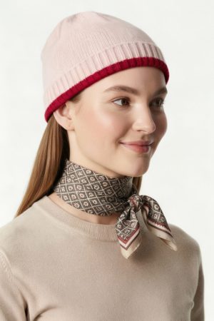 Blush & Crimson Edge Knit Beanie – Soft Pink