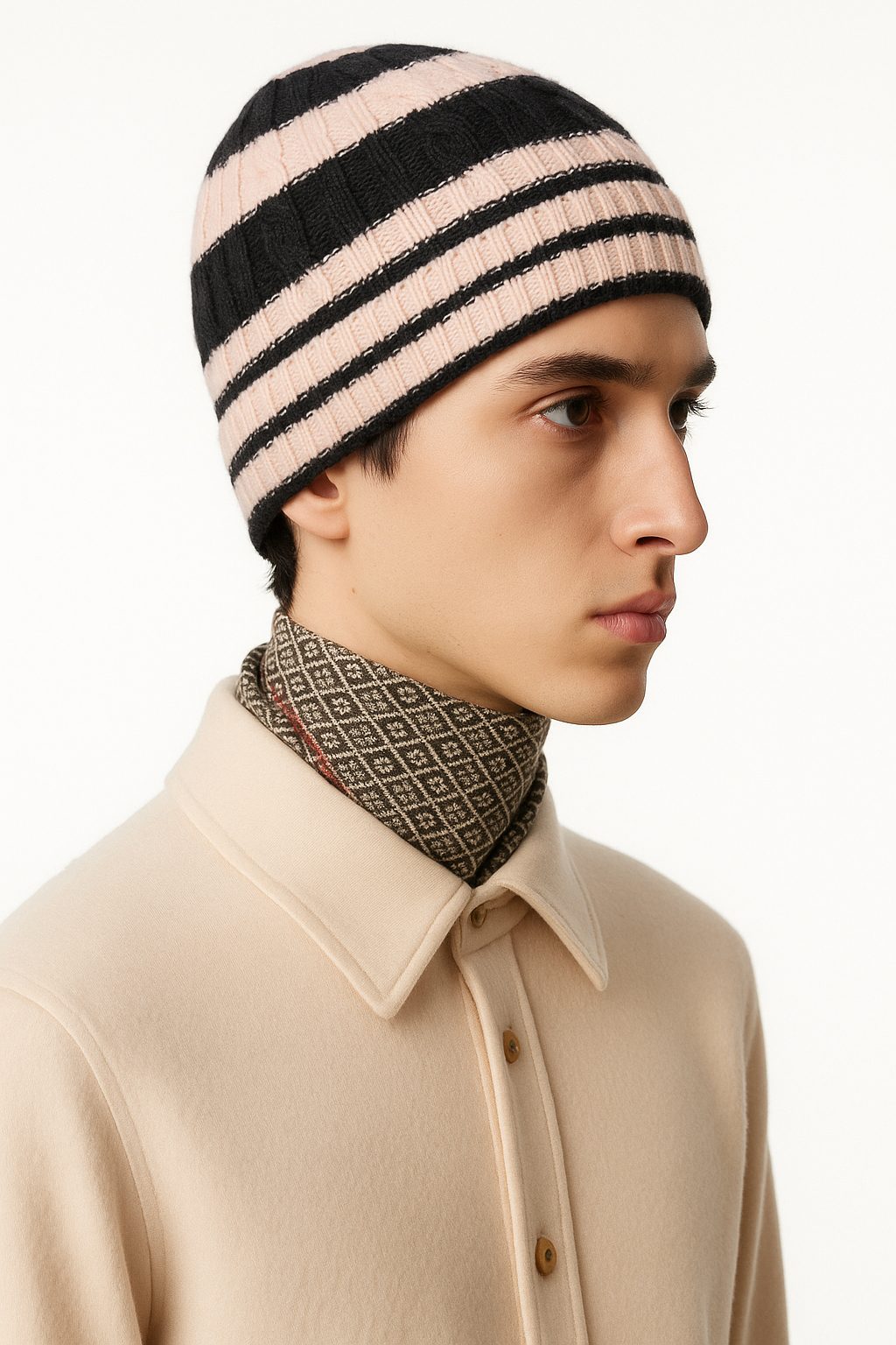 Soft Blush Stripe Cable-Knit Beanie