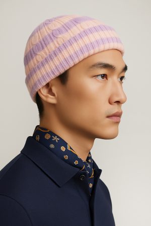 Lavender Sorbet Stripe Cable-Knit Beanie – Peach & Lilac
