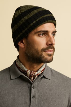 Forest Shadow Stripe Cable-Knit Beanie – Olive & Black