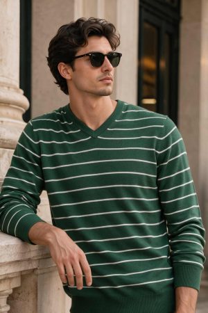 Evergreen Stripe V-Neck Sweater