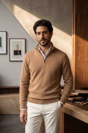 The Camel Heather Merino-Zip Pullover