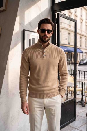 The Sandstone Textured Mock-Neck Button Sweater