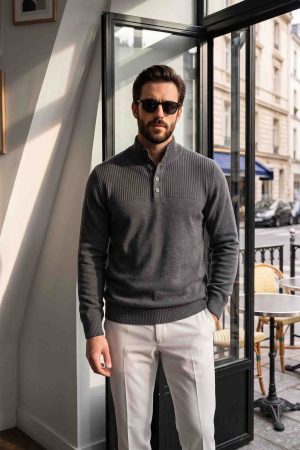 The Charcoal Textured Mock-Neck Button Sweater