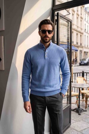 The Cerulean Textured Mock-Neck Button Sweater