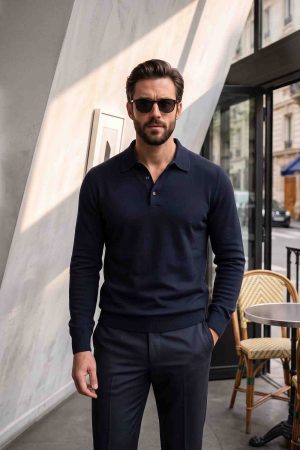 Navy Long-Sleeve Knit Polo