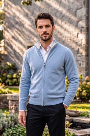 The Sky Blue Melange Full-Zip Merino Cardigan