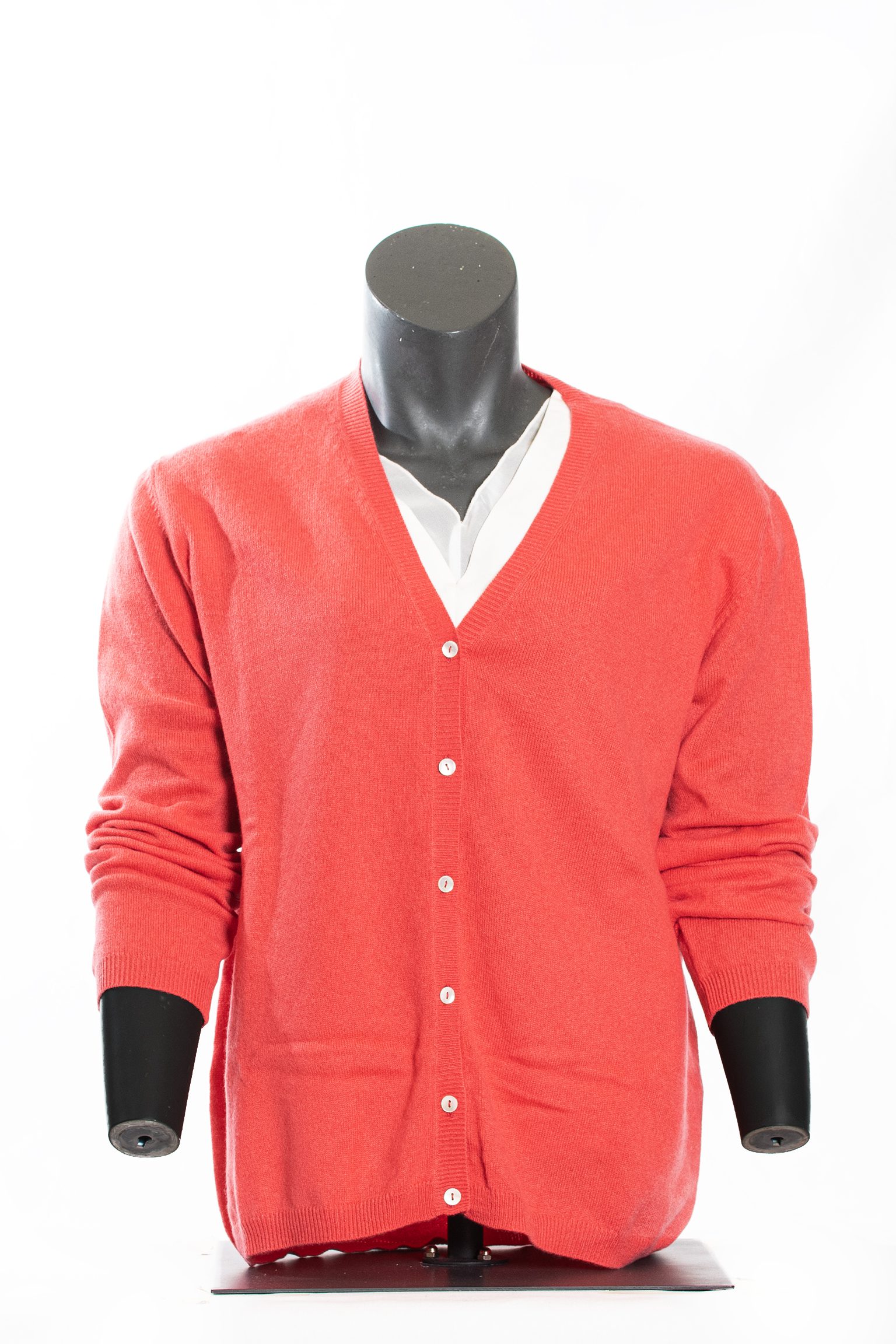 Coral Red V-Neck Cashmere Cardigan - Image 2