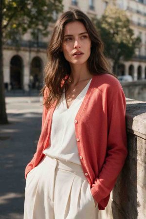 Coral Red V-Neck Cashmere Cardigan