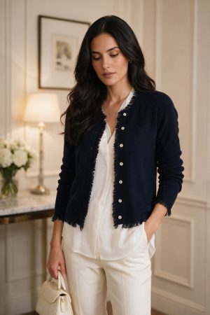 Midnight Navy Frayed-Edge Cashmere Cardigan