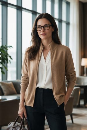 Camel Full-Zip Cashmere Cardigan