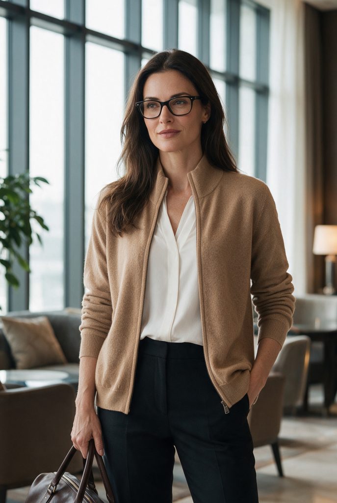 Camel Full-Zip Cashmere Cardigan