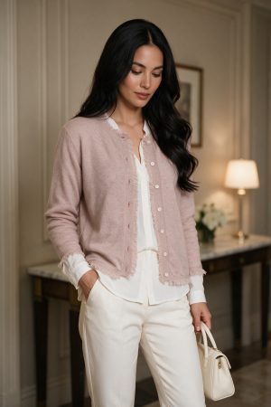 Blush Rose Frayed-Edge Cashmere Cardigan