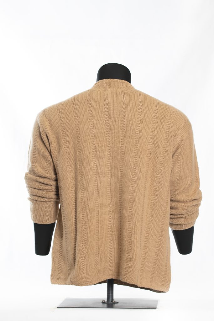 Back view of camel textured roll-neck sweater on black mannequin