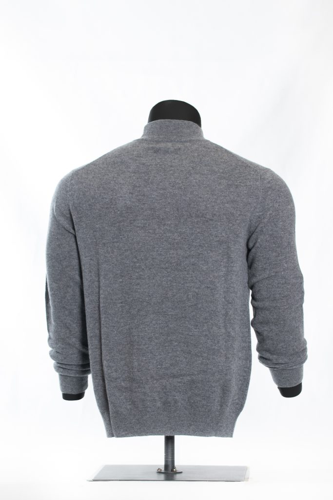 Back view of heather grey roll-neck sweater on a black mannequin
