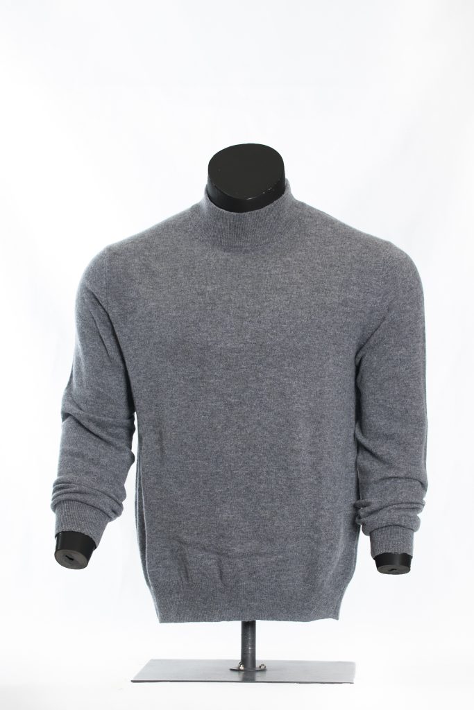 Front view of heather grey roll-neck sweater on a black mannequin