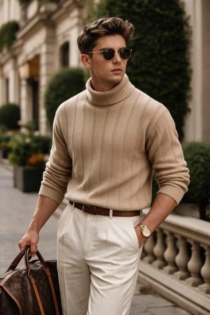 Camel Textured Roll Neck Sweater