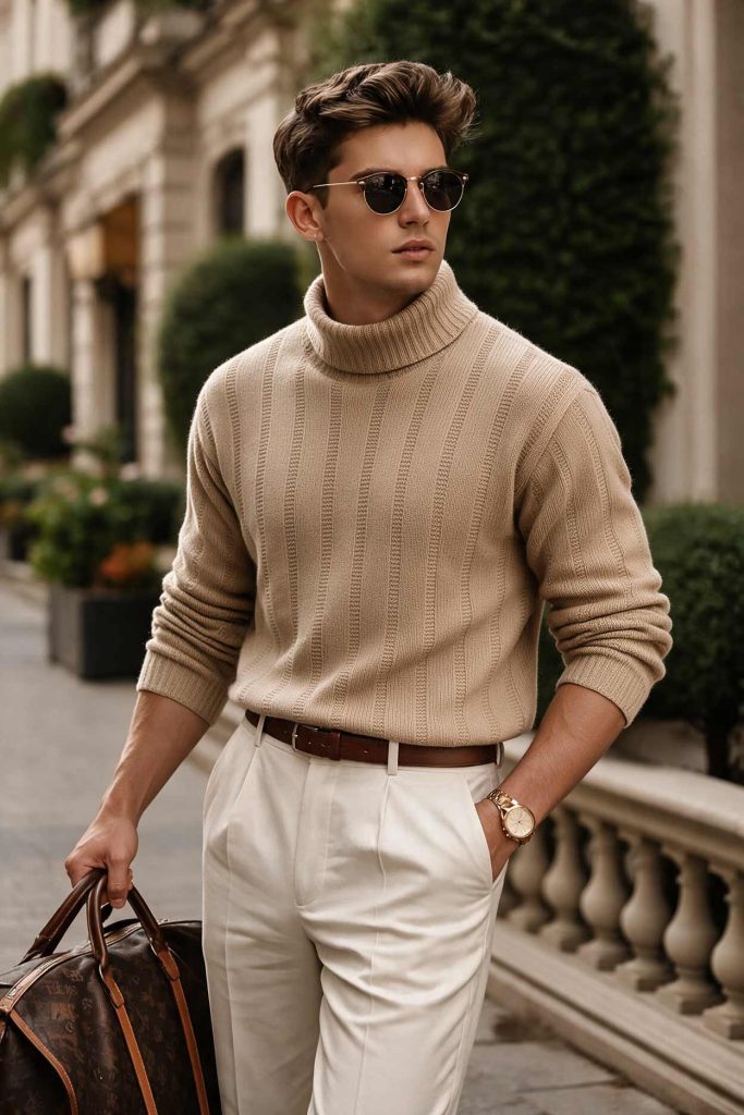 Camel Textured Roll Neck Sweater