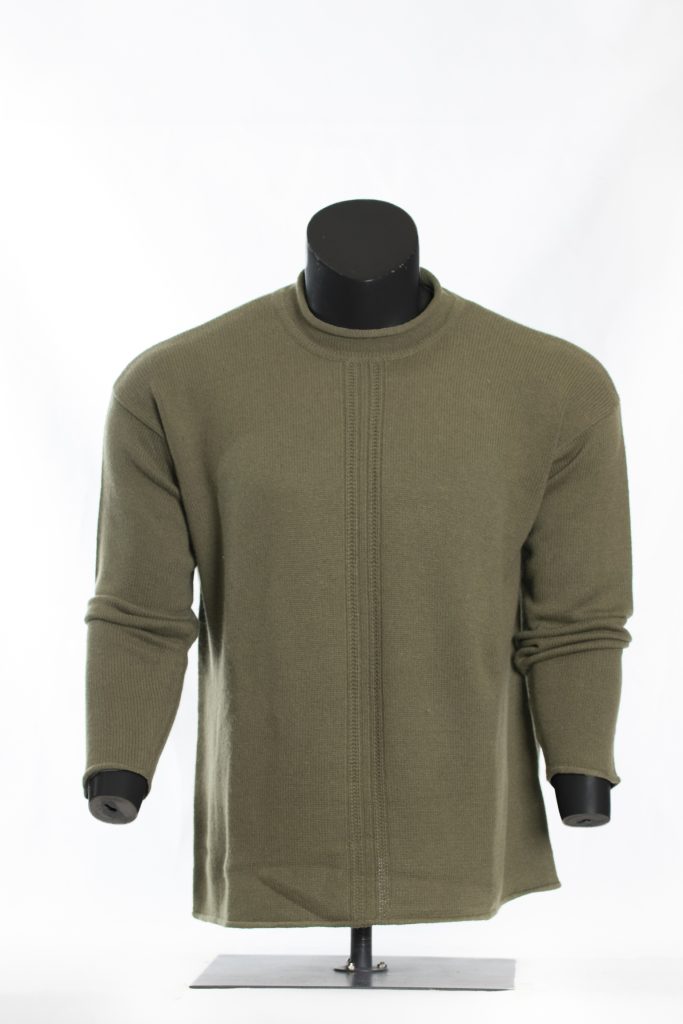 Back view of olive green roll-neck sweater on black mannequin