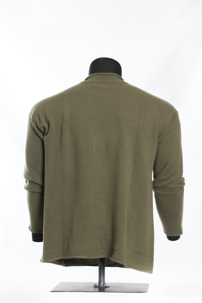 Front view of olive green roll-neck sweater on black mannequin